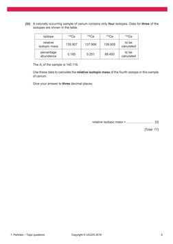 (iii)  A naturally occurring sample of cerium contains only four isotopes. Data for three of the 
isotopes are shown in the t