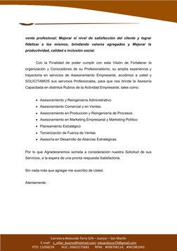 Carretera Belaunde Terry S/N – Juanjui – San Martín
E-mail:   c_villar_bueno@hotmail.com; eduardocco79@gmail.com
PTD: 1105823