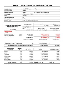 CALCULO DE INTERESE DE PRESTAMO EN UVC
 
Monto del prestamo
 
       
50.200.300,00 
 UVC 
 
 
Fecha del contrato
 
15/06/21