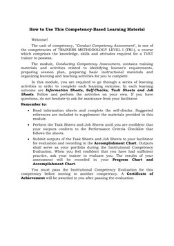 How to Use This Competency-Based Learning Material 
 
Welcome! 
The unit of competency, "Conduct Competency Assessment", is