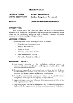 Module Content 
 
PROGRAM/COURSE   
:  Trainers Methodology 1 
UNIT OF COMPETENCY  :  Conduct Competency Assessment