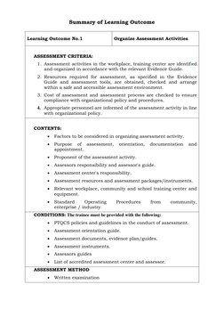 Summary of Learning Outcome 
 
Learning Outcome No.1 
Organize Assessment Activities 
 
ASSESSMENT CRITERIA: 
1. Assessment a