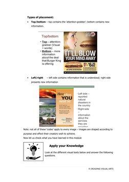 9 |READING VISUAL ARTS 
 
Types of placement:  
• 
Top/bottom – top contains the ‘attention-grabber’; bottom contains new 
in