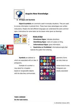 5 |READING VISUAL ARTS 
 
 
Acquire New Knowledge 
 
A. Of Signs and Symbols 
 
Signs & symbols are commonly used in everyday