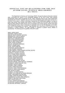 O F F I C I A L  L I S T  O F  Q U A L I F I E R S  F O R  T H E  2 0 1 5  
J U N I O R  L E V E L  S C I E N C E  S H O L A
