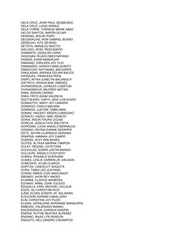 DELA CRUZ, JOHN PAUL GESMUNDO 
DELA CRUZ, LUIGE ARNAIZ 
DELA TORRE, THERESE MARIE ABAD 
DELOS SANTOS, AARON GOJAR 
DENSING, W