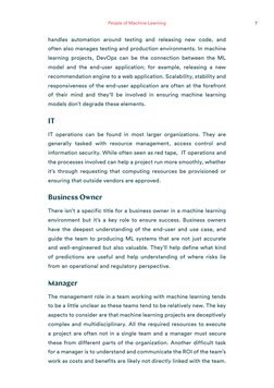 7
People of Machine Learning
handles automation around testing and releasing new code, and 
often also manages testing and pr