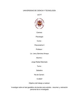 UNIVERSIDAD DE CIENCIA Y TECNOLOGÍA
UCYT
Carrera:
Psicología
Curso :
Psicometría II
Profesor :
Lic: Jerry Sánchez Amaya
Alumn