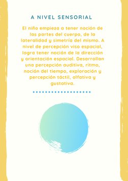A NIVEL SENSORIAL 
El niño empieza a tener noción de
las partes del cuerpo, de la
lateralidad y simetría del mismo. A
nivel d