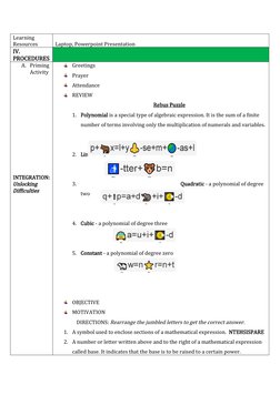 Learning 
Resources
Laptop, Powerpoint Presentation
IV. 
PROCEDURES
A. Priming
Activity
INTEGRATION:
Unlocking 
Difficulties
