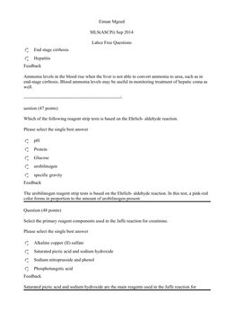 Eiman Mgeed 
MLS(ASCPi) Sep 2014
Labce Free Questions
End stage cirrhosis
Hepatitis
Feedback
Ammonia levels in the blood rise