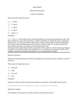 Eiman Mgeed 
MLS(ASCPi) Sep 2014
Labce Free Questions
Please select the single best answer
1+ log%T
2+ log%T
1 - log%T
2- log