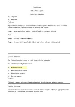 Eiman Mgeed 
MLS(ASCPi) Sep 2014
Labce Free Questions
20 grams
64 grams
Feedback
A general formula employed to determine the