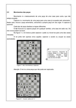 2.3
Movimentos das peças
Movimento é o deslocamento de uma peça de uma casa para outra, que não 
esteja ocupada.
Captura é o