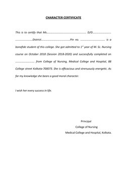 CHARACTER CERTIFICATE
This is to certify that Ms……………………............................... D/O……………………...
…………………….District……………