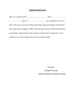TRANSFER CERTIFICATE
This is to certify that Ms…………………….....................D/O.……………………...
…………………….District……………………………… has