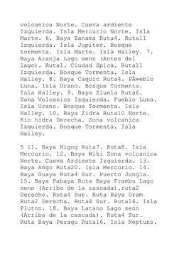 volcanica Norte. Cueva ardiente 
Izquierda. Isla Mercurio Norte. Isla 
Marte. 6. Baya Zanama Ruta4. Ruta11 
Izquierda. Isla J