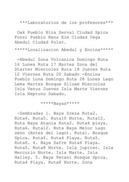 ***Laboratorios de los profesores***
 Oak Pueblo Niza Serval Ciudad Spica 
Fonsi Pueblo Kena Elm Ciudad Vega 
Abedul Ciudad