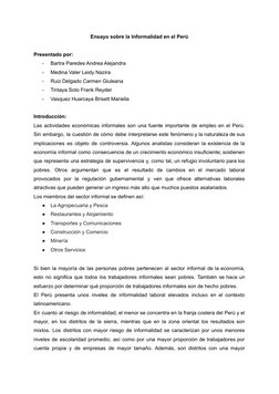 Ensayo sobre la Informalidad en el Perú
Presentado por:
-
Bartra Paredes Andrea Alejandra
-
Medina Valer Leidy Nazira
-
Ruiz
