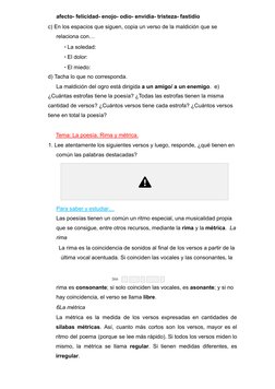 afecto- felicidad- enojo- odio- envidia- tristeza- fastidio
c) En los espacios que siguen, copia un verso de la maldición que