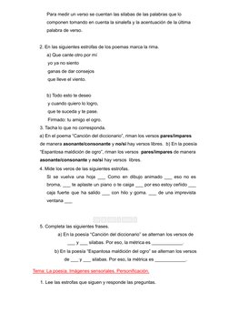 Para medir un verso se cuentan las silabas de las palabras que lo
componen tomando en cuenta la sinalefa y la acentuación de