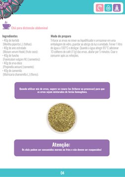 04
• 40g de hortelã
 (Mentha piperita L.) (folhas);
• 40g de anis estrelado
 (Illicium verum Hook) (fruto seco);
• 40g de fun