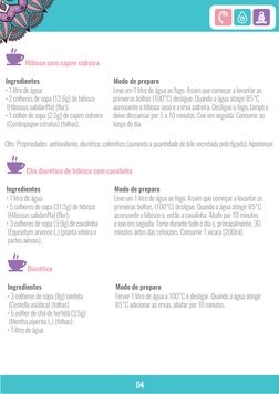 04
• 1 litro de água;
• 2 colheres de sopa (12,6g) de hibisco
 (Hibiscus sabdariffa) (flor);
• 1 colher de sopa (2,5g) de cap