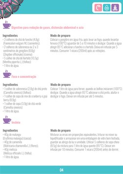 04
• 3 colheres de chá de funcho (4,8g)
 (Foeniculum vulgare M.) (sementes);
• 2 colheres de sobremesa ou 2 a 3
 centímetros