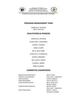 LOWER TUNGAWAN ELEMENTARY SCHOOL
PROGRAM MANAGEMENT TEAM
HANNIVAL G. RETARDO
ESP III- Chairman
FACILITATORS & SPEAKERS
HANNIV