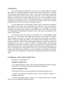 I. RATIONALE
One of the Department of Education’s trusts is the K to 12 Basic Education Program
that would cater a life-long