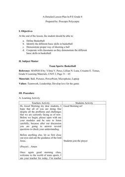 Basketball Lesson Plan for Grade 8 | PDF | Ball Games | Team Sports