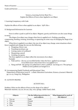 Effects of Force on Objects - Grade 4 | PDF | Force