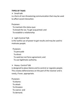 TYPES OF TALKS
Small-talk
is a form of non-threatening communication that may be used 
to affect social interaction.
Purpose