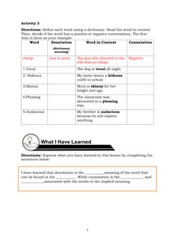 Denotation and Connotation for Grade 4 | PDF | Word