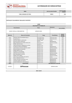 AUTORIZAÇÃO DE HORAS EXTRAS
Sunday
OBRA
DATA DA SOLICITAÇÃO
PUMA 2 MAQUINA DE PAPEL
19/09/21
19/09/21
PONTEAÇÃO E SOLDAGEM DE