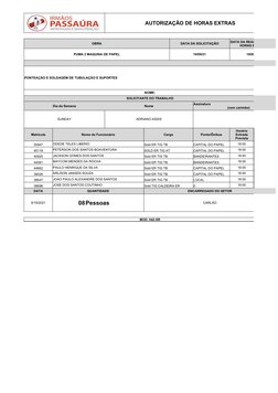 AUTORIZAÇÃO DE HORAS EXTRAS
Sunday
OBRA
DATA DA SOLICITAÇÃO
PUMA 2 MAQUINA DE PAPEL
19/09/21
19/09/21
PONTEAÇÃO E SOLDAGEM DE