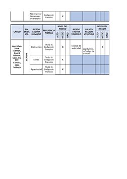 PA
X
CARGO
ALTO
MEDIO
BAJO
ALTO
MEDIO
BAJO
PEATON
Distraccion
X
X
Estrés
X
Agresividad
X
puesto de 
pasajeros
No respetar 
la