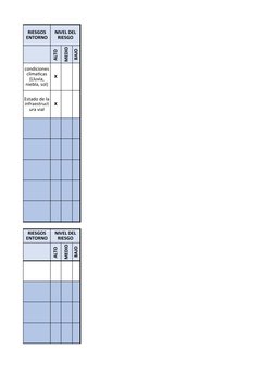 ALTO 
MEDIO
BAJO
X
X
ALTO 
MEDIO
BAJO
RIESGOS 
ENTORNO
NIVEL DEL 
RIESGO
condiciones 
climaticas 
(Lluvia, 
niebla, sol)
Esta