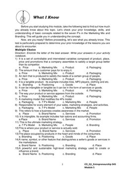 2 
 
CO_Q1_Entrepreneurship SHS 
Module 5 
 
 
 
What I Know  
 
 
Before you start studying this module, take the followin