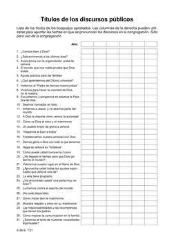S-99-S  7/21 
Títulos de los discursos públicos 
Lista de los títulos de los bosquejos aprobados. Las columnas de la derecha