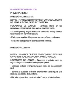 PLAN DE ESTUDIOS PARVULOS 
PRIMER PERIODO 
DIMENSIÓN COMUNICATIVA 
LOGRO: - EXPRESA SUS EMOCIONES Y VIVENCIAS A TRAVÉS 
DEL L