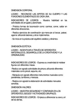 DIMENSION CORPORAL 
LOGRO: - RECONOCE LAS APRTES DE SU CUERPO Y LAS 
FUNCIONES ELEMENTALES DE CADA UNA.  
INDICADORES DE LOGR