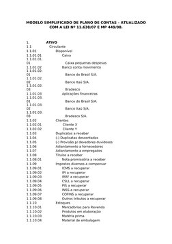 MODELO SIMPLIFICADO DE PLANO DE CONTAS – ATUALIZADO 
COM A LEI Nº 11.638/07 E MP 449/08.
1.
ATIVO
1.1
Circulante
1.1.01
Dispo