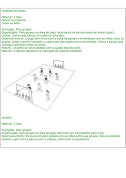 Handebol de baliza 
Material: 1 bola
bancos ou cadeiras
cones ou latas
Formação: Dois grupos
Organização: Dois grupos na área