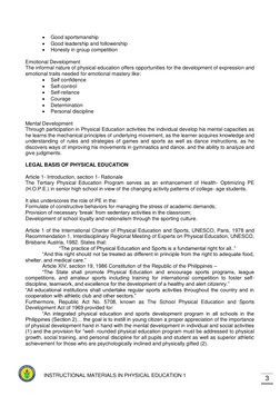 3 
INSTRUCTIONAL MATERIALS IN PHYSICAL EDUCATION 1 
 
Good sportsmanship 
 
Good leadership and followership 
 
Honesty