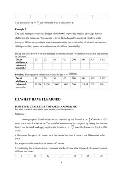 4 
 
 
 
 
The function 𝑣(𝑡) =  
10
𝑡 can represent  𝑣 as a function of 𝑡. 
 
Example 2.  
The local barangay received a