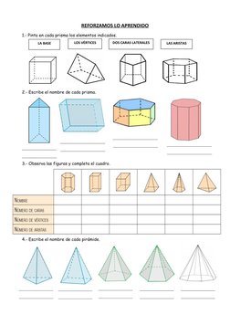 REFORZAMOS LO APRENDIDO
1.- Pinta en cada prisma los elementos indicados.
2.- Escribe el nombre de cada prisma.
3.- Observa l
