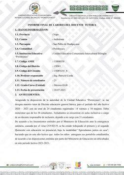 INFORME FINAL DE LABORES DEL DOCENTE  TUTOR/A
1.- DATOS INFORMATIVOS:
1.1. Provincia
: Napo
1.2. Cantón
: Archidona
1.3. Parr