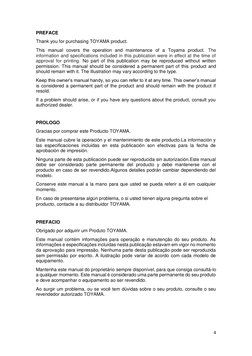 4 
 
PREFACE 
Thank you for purchasing TOYAMA product. 
This manual covers the operation and maintenance of a Toyama product.