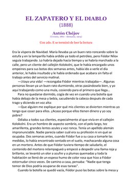 EL ZAPATERO Y EL DIABLO
(1888)
Antón Chéjov
(Ucrania, 1860 - Alemania, 1904)
Con 2do. E se terminó de leer la lectura
Era la